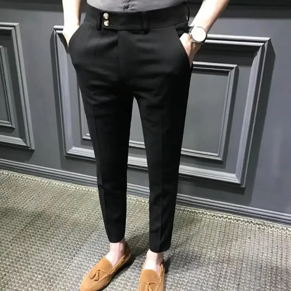 

NEW Men Pants Anti Wrinkle Mid Waist Men Ninth Pants Young Style Men Casual Ninth Suit Pants Pockets Business Long Trousers