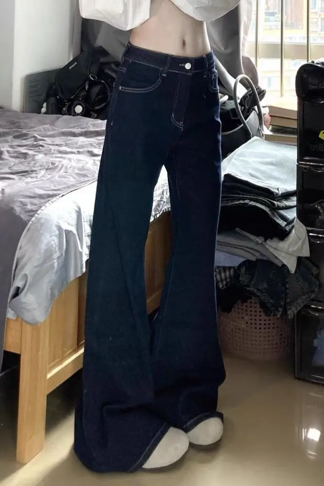 Jean évasé pour femmes, bouton, fermeture à glissière, boucle de ceinture, ceinture réglable, Simple, automne, printemps, vêtements pratiques classiques