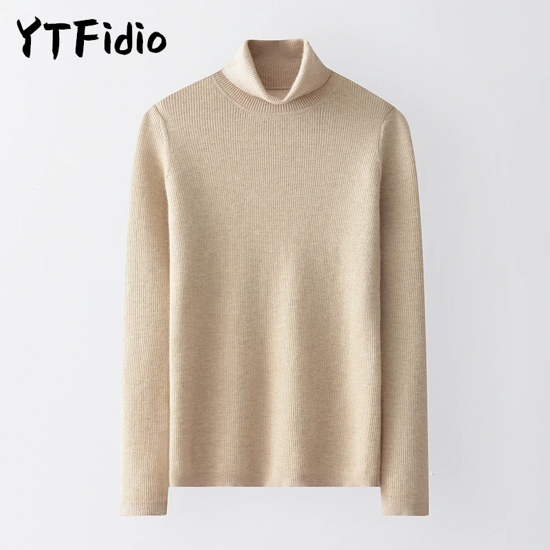 YTFidio 100% Cashmere Women Striped High Collar Pullover Mock Neck Slim Fit Solid Pullover Stretch Jumpers Girl Sweater 55