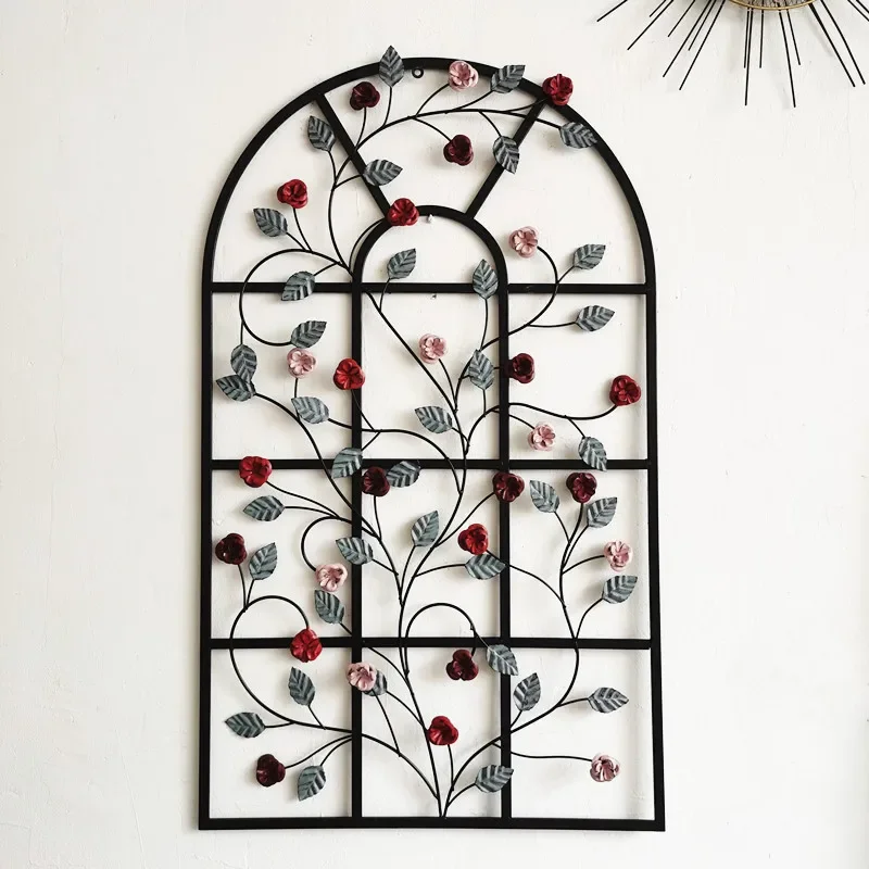 American style wrought iron fake window decoration pendant made of old living room wall, retro wooden frame, arched garden