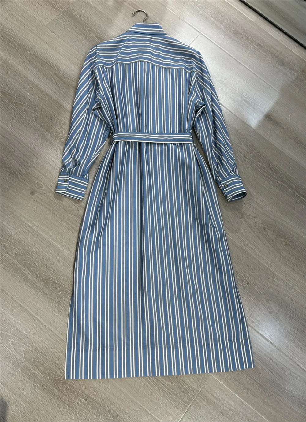 Women\'s Long Sleeved Shirt Dress High-quality Beading Striped Lace-Up Waist Long Skirt Casual Versatile  B*C