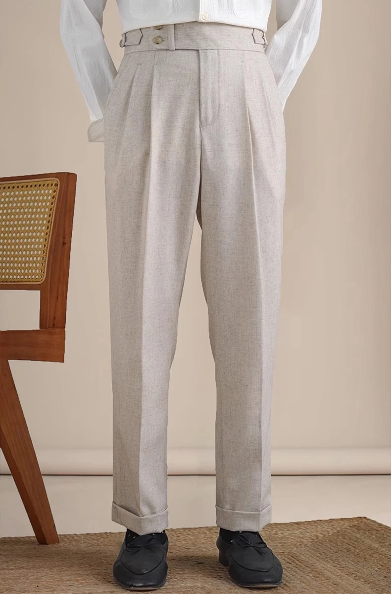 Naples Double Fold High Waist Linen Suit Pants For Men Summer Breathable Straight Leg Office Trousers Men Pantalon Costume Homme