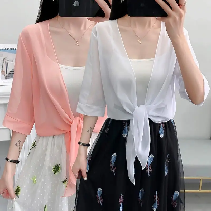 

Solid Color Half Sleeve Shirt, Knot Front Lace Panel Cardigan, Chiffon Loose Elegant Blouse Cover Up, Women's Thin Tops