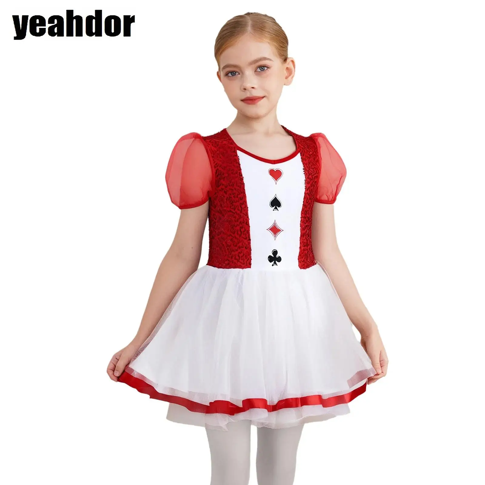 

Girls Shiny Sequin Ballet Tutu Dress Short Sleeve Mesh Gymnastics Leotard Ballerina Puffy Dress Halloween Ringmaster Costumes