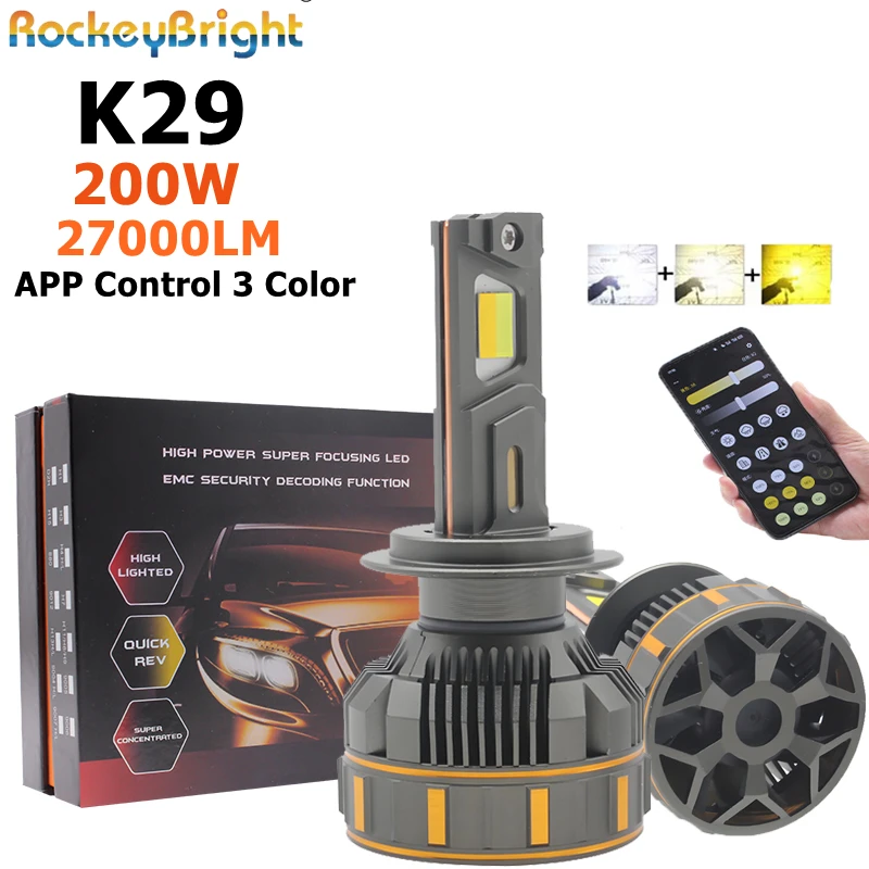 

200W 27000LM K29 APP Control Трехцветный Желтый Белый 3000k 4300k 6000k Flash H7 Светодиодная фара H11 9005 9006 Автомобильные светодиодные фары