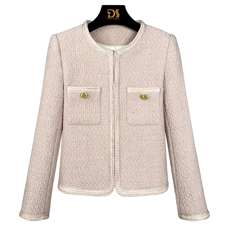

New fashionable and elegant pink age-reducing socialite high-end temperament design round neck small fragrance jacket