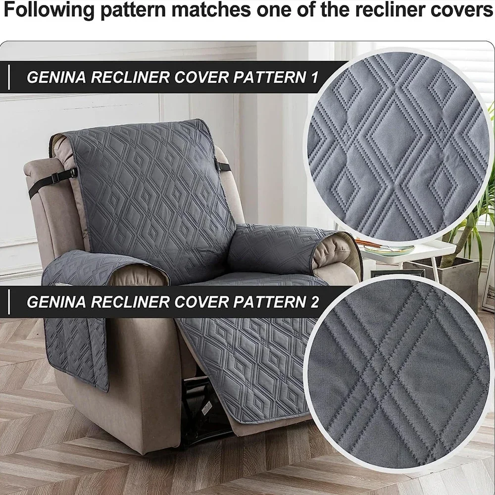 1 Seat Quilted Recliner Cover with Adjustable Strap Waterproof Armchair Slipcover Solid Color Couch Coushion for Living Room