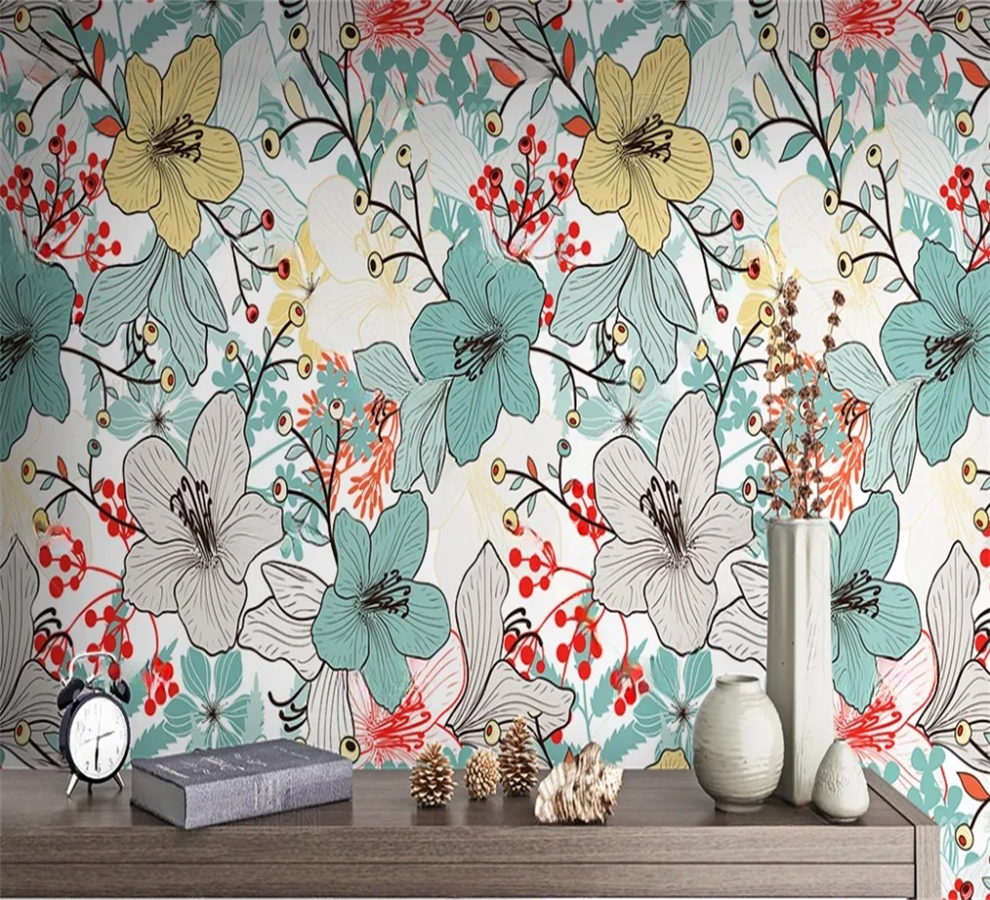 Customized Size Mural American Countryside Flowers Flat Decoration Painting Rose Rainforest Plants Leaves Tapestry 3d wallpaper