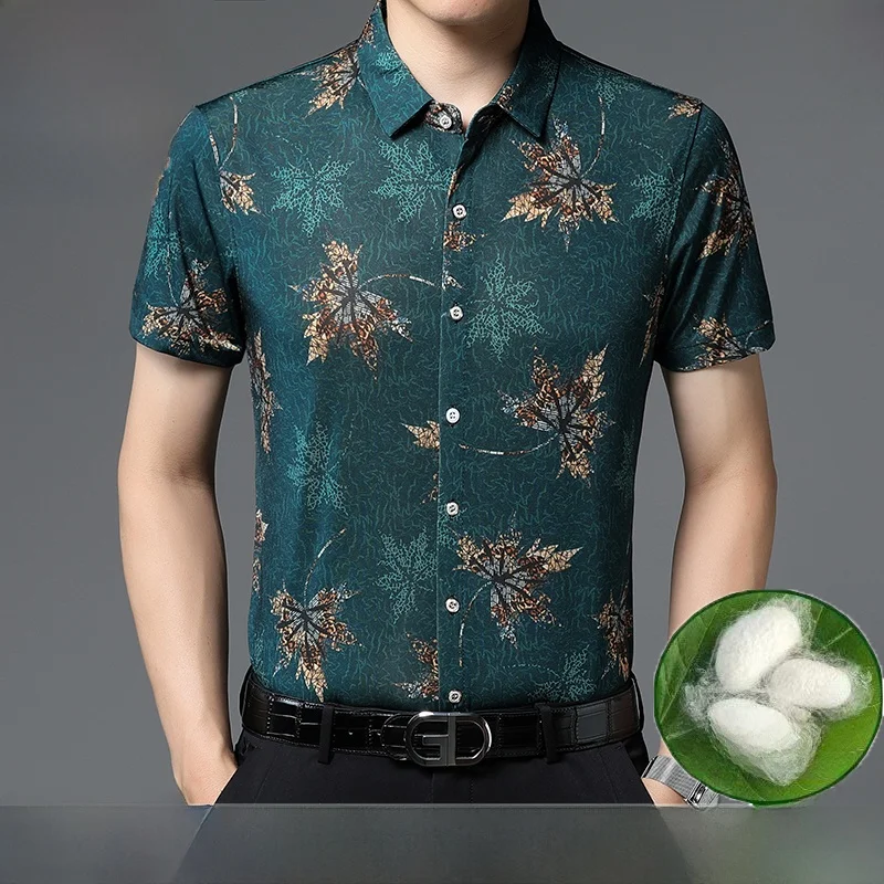 

Летняя мужская рубашка из натурального шелка премиум-класса с коротким рукавом, с цветочным принтом, модная, повседневная, свободного кроя, для мужчин среднего возраста.