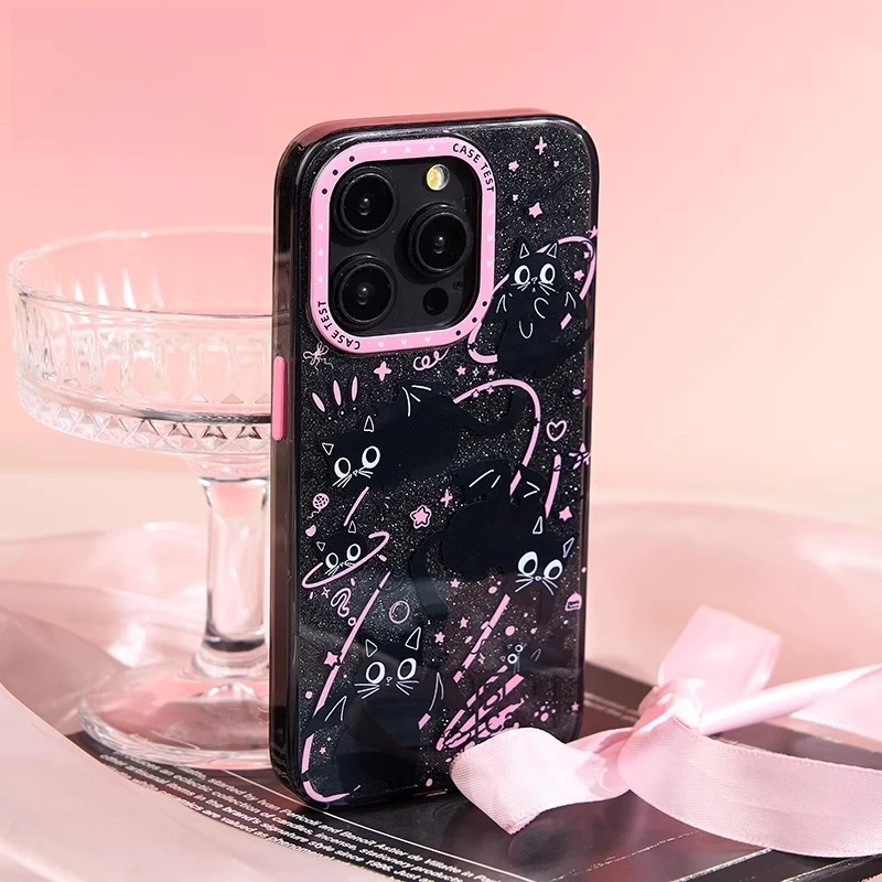 

Kawaii Cat Bling Bilng Phone Case with Pendants for IPhone 16 15 14 13 Pro Max Anime Cute Shockproof Anti-Drop Protective Cover