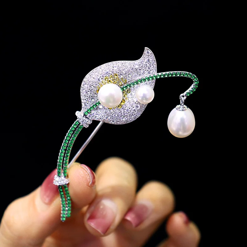 ZOCA New 925 Sterling Silver Natural Freshwater Pearl Leaf Brooch Women's Gift Quality Zircon Fine Jewelry Party Birthday Gift