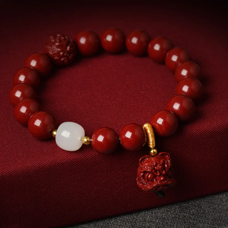 

Lucky Luxury 2026 Natural Cinnabar Dragon Head Handstring Fox Pendant Bracelet Zodiac Year Lion Dance Maitreya Buddha Purple Gol