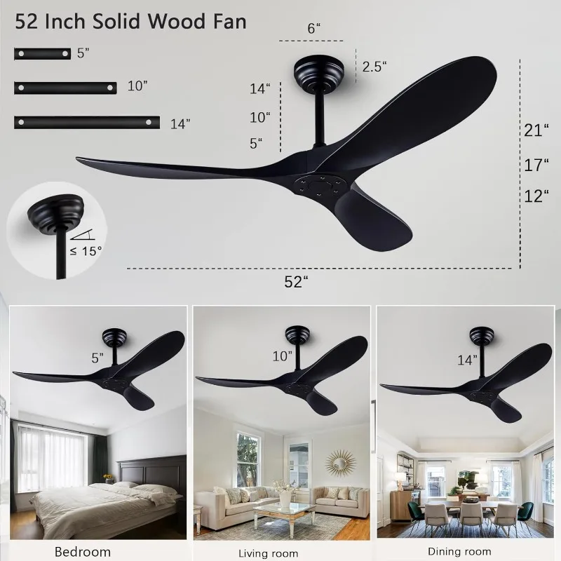 52 Inch Lightless Ceiling Fan with Remote Control, Modern Reversible DC Motor Indoor and Outdoor 3 Blade Ceiling Fan Black)