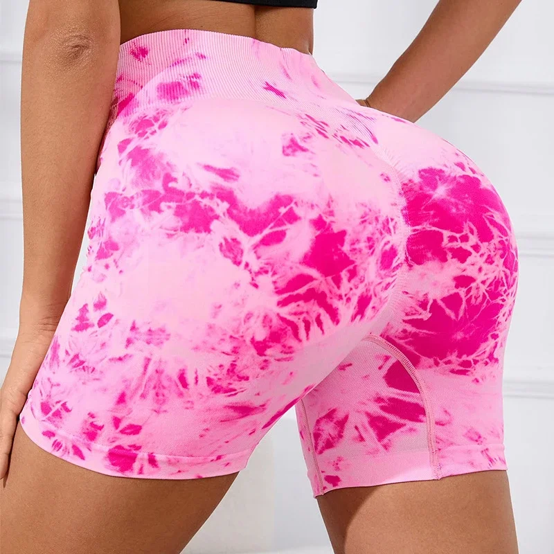 Seamless Tie Dye Leggings Women Fitness Yoga Shorts High Waist Hip Liftting Slim Shorts Workout Running Fashion Elastic Pants