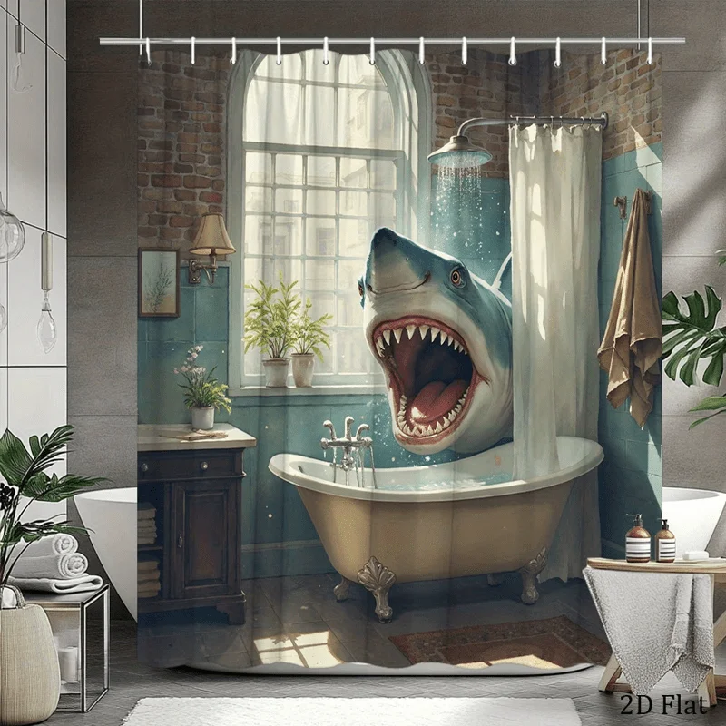2D Flat, 2D Flat, Classic Retro Great Shark Shower Curtain, Easy to Clean, Multi-Size Available, Dramatic Moment of Splashing Wa