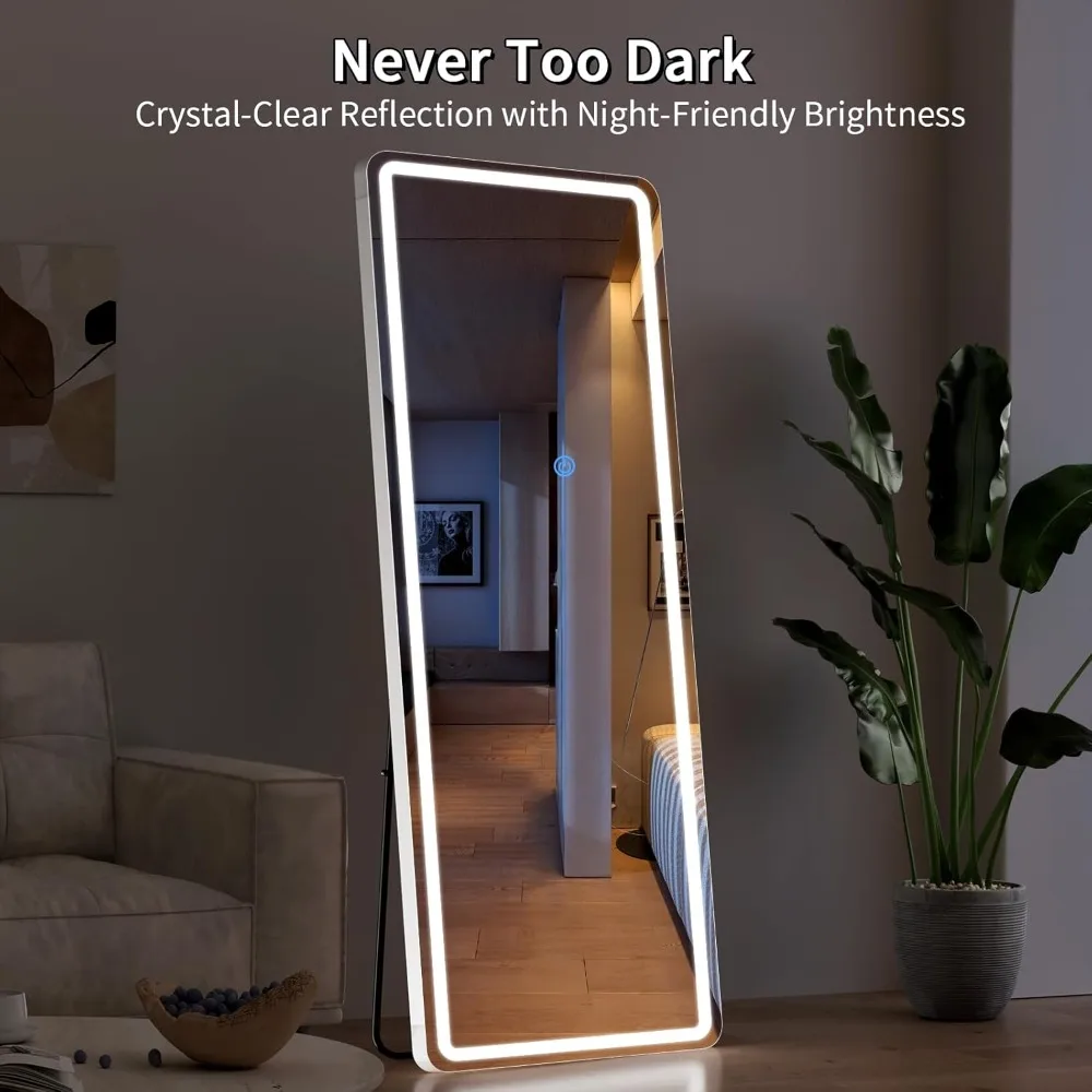 Miroir pleine longueur éclairé par LED, gradation 65 x 24 et réglable en 3 couleurs, grand miroir de coiffeuse pour chambre à coucher