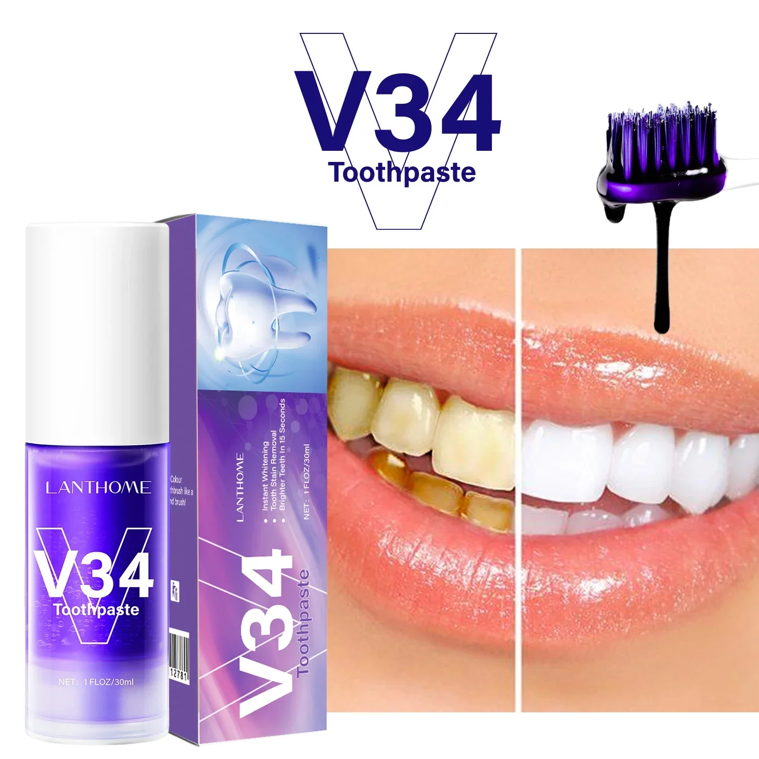 New 30ML V34 Teeth Whitening Toothpaste Professional Purple Deep Cleaning Mousse Easy To Reduce Yellowing Oral Clean Care