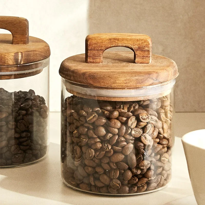 Glass Food Storage Tank with Wooden Lid Kitchen Coffee Beans Candy Tea Grains Canister Home Snacks Storage Jar