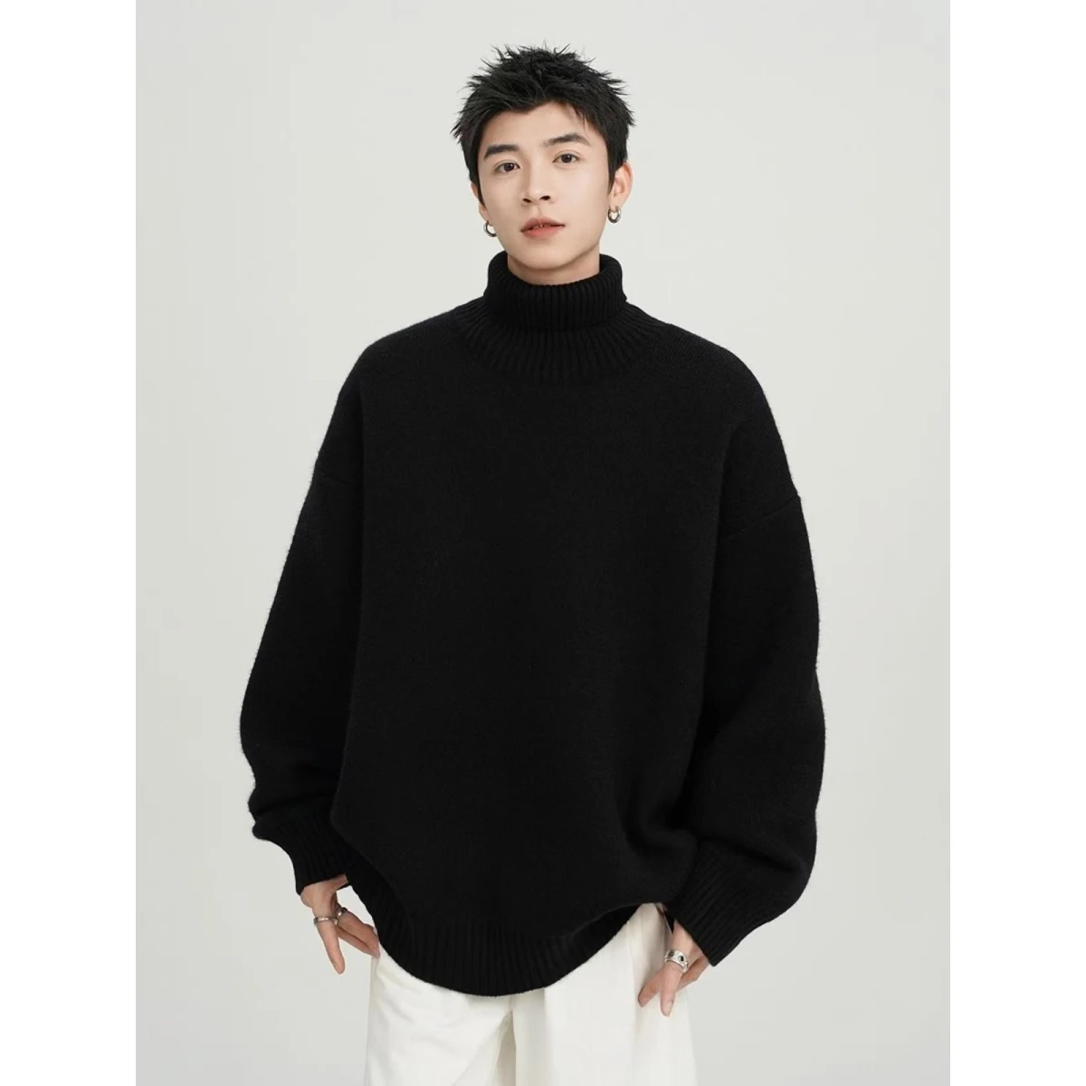 

Men's High Collar Sweater Thiened Loose Fit Vintage Woolen irt Autumn Winter Faionable Youth Base Layer Outerwear
