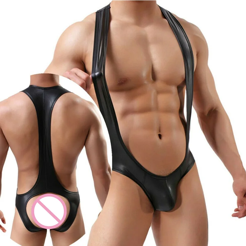 Macacão de couro PU de peça única masculino, bodysuit sexy, macacão catsuit, jockstrap, leotard, boxer, cuecas, tangas, roupa íntima, singlet de