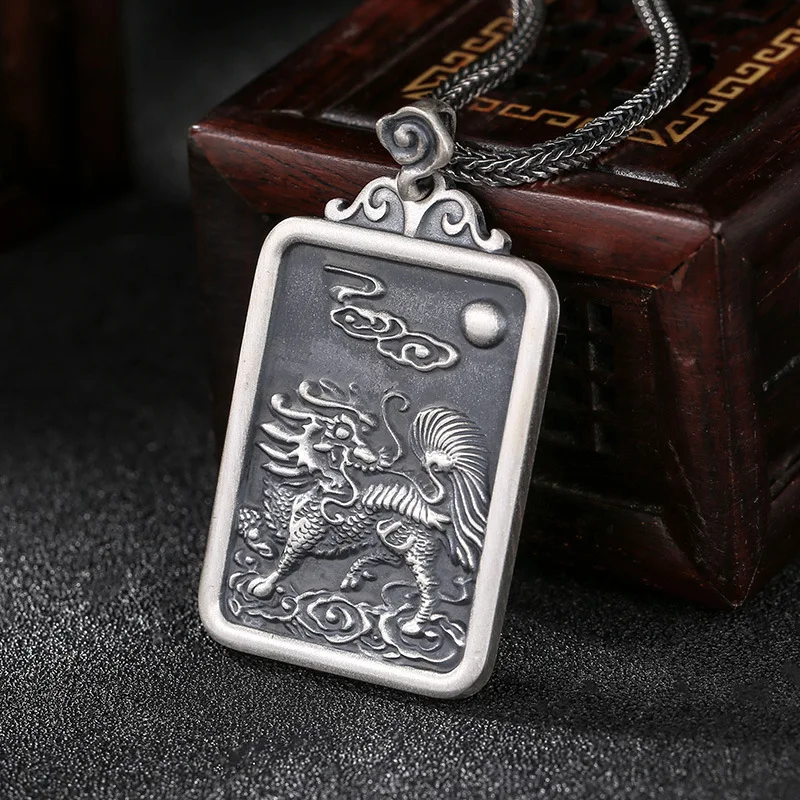 S999 Sterling Silver Kylin Pendant Black Color Cloud Eyeley Old Process Relief Fine Jewelry FYNE350