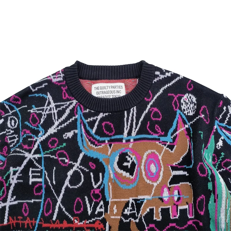 Winter Heavy Industrial WACKO MARIA Japanese Harajuku Sweater High Street Fashion Knitting Jacquard Mens Womens Pullover Sweater