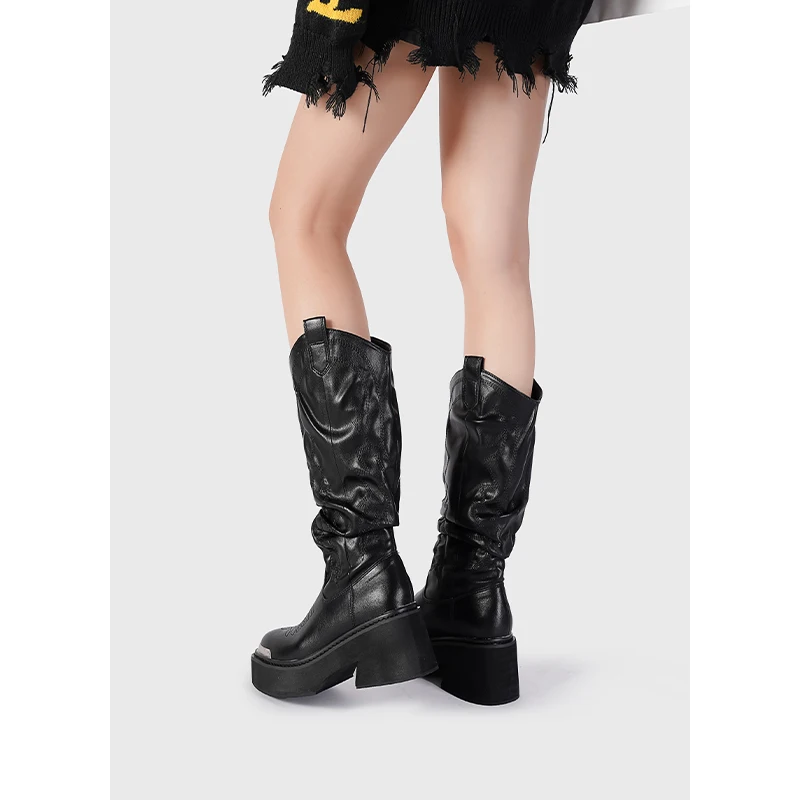 

Женские зимние модные сапоги-ботфорты с вышивкой, на толстом каблуке, удобные, с круглым носком, на резиновой подошве