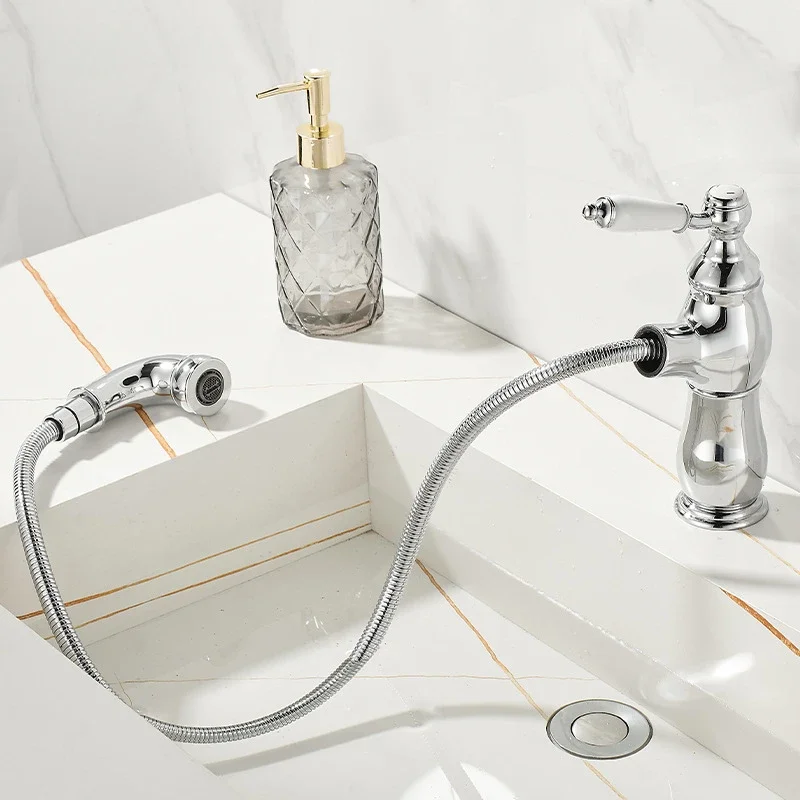 All-copper basin, pull-out faucet, toilet, bathroom cabinet, ceramic integrated basin, hot and cold splash-proof faucet