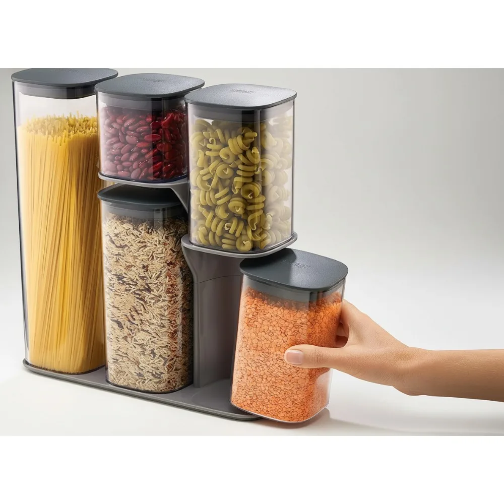 

Набор герметичных контейнеров для хранения продуктов питания из 5 предметов с подставкой — идеально подходит для организации кухонной кладовой, серый