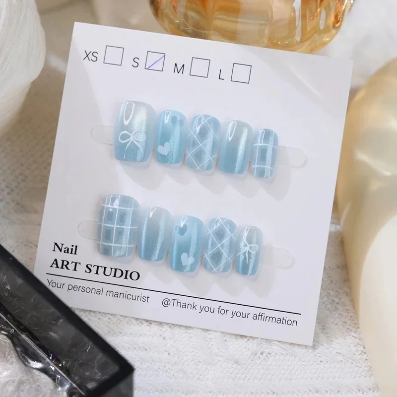 

10Pcs New Blue Butterfly Grid Press on Nails Cute Bowknot Cat's Eye Nail Patch Women Girls Simple Detachable Korean Fake Nails