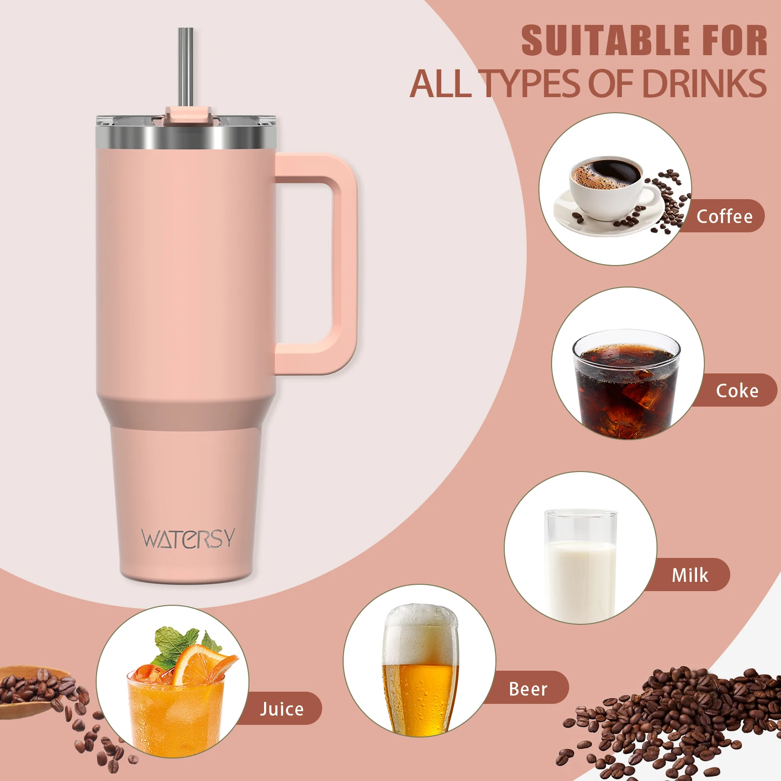 Watersy 40oz/1200ml Tumbler with Handle and Straw Lid Large Capacity Stainless Steel Thermal Cup Keep Coffee Beer Cold Vacuum