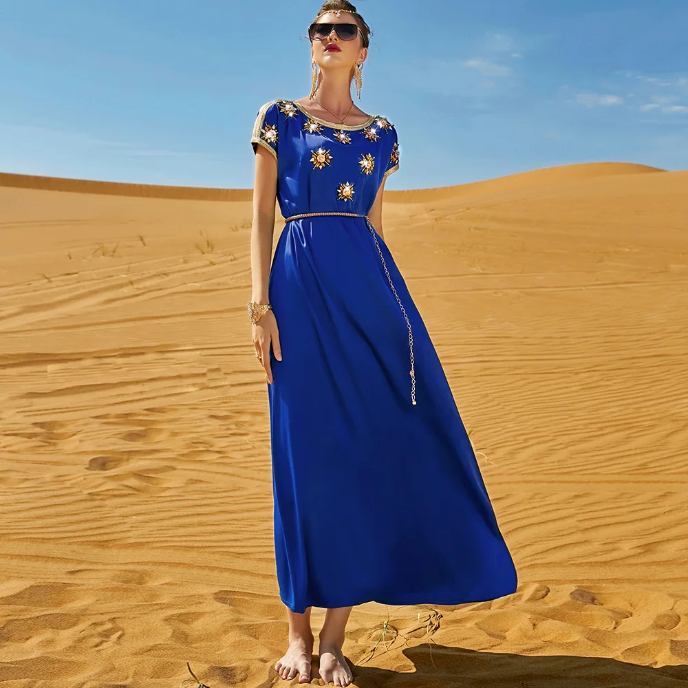 Summer Short Sleeve Dress Hand Sewn Beaded Holiday Dresses 2025 Luxury Dubai Abaya Muslim Women Moroccan Kaftan Islam Clothing