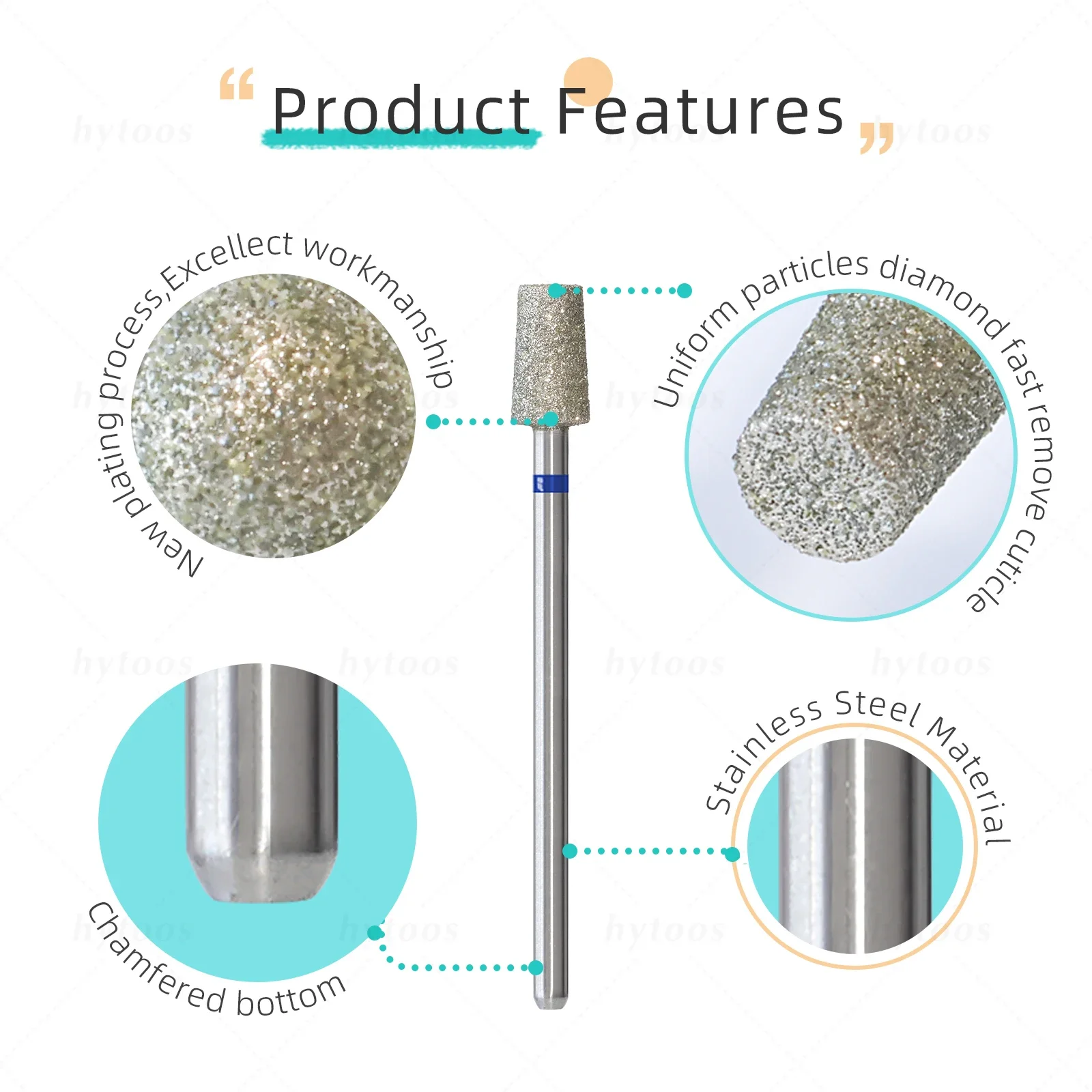 HYTOOS 5Pcs/Set Diamond Nail Drill Bits Russian Cuticle Clean Nail Bit Professional Safety Under Nail Cleaner for Dead Skin