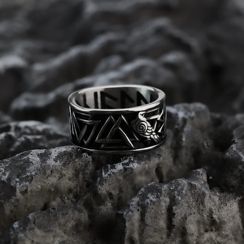 European and American jewelry men\'s stainless steel ring Viking text crow retro stainless steel personality ring