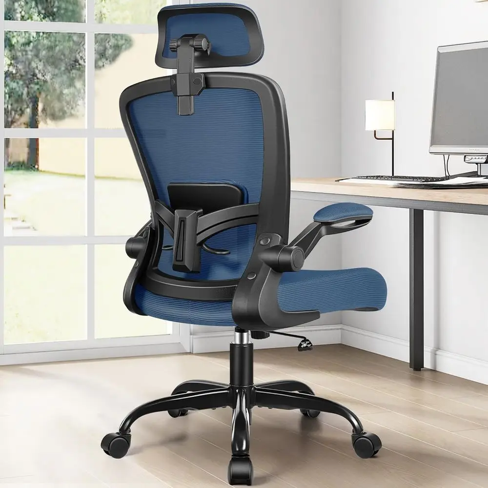 

Ergonomic High-Back Navy Swivel Chair with Adjustable Lumbar, Armrests, and Height for Home Office Gaming