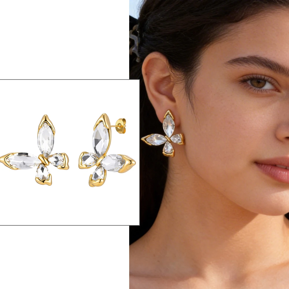 

Butterfly Zircon Stud Earrings for Women, Tarnish Free 18K Gold Plated Waterproof Crystal Studs Fashion Jewelry
