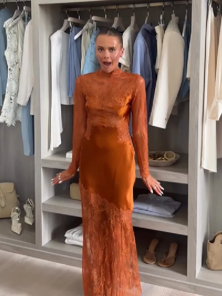 Spitzen-Maxikleid mit Stehkragen für Damen, transparente Spitzenüberlage, Satinfutter, lange Ärmel, Meerjungfrauen-Saum, elegantes formelles Damenkleid – Detail 9
