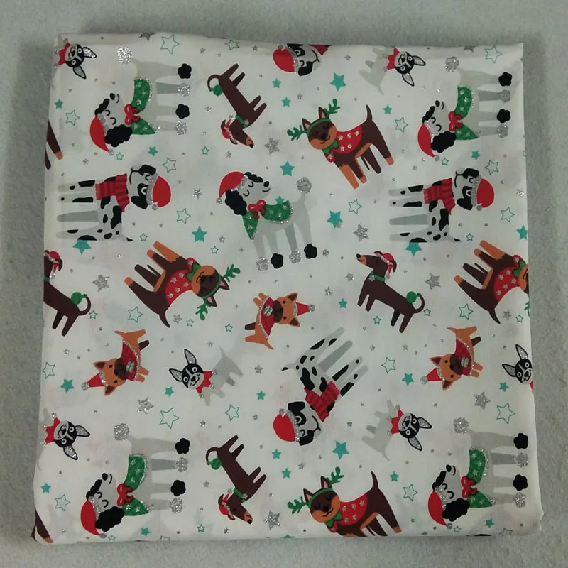 Christmas Glitter Silver Stamping Cute Little Puppy Dog Doggie Printed Cotton Fabric 50x105ccm Bing Bling Fabric Patchwork DIY