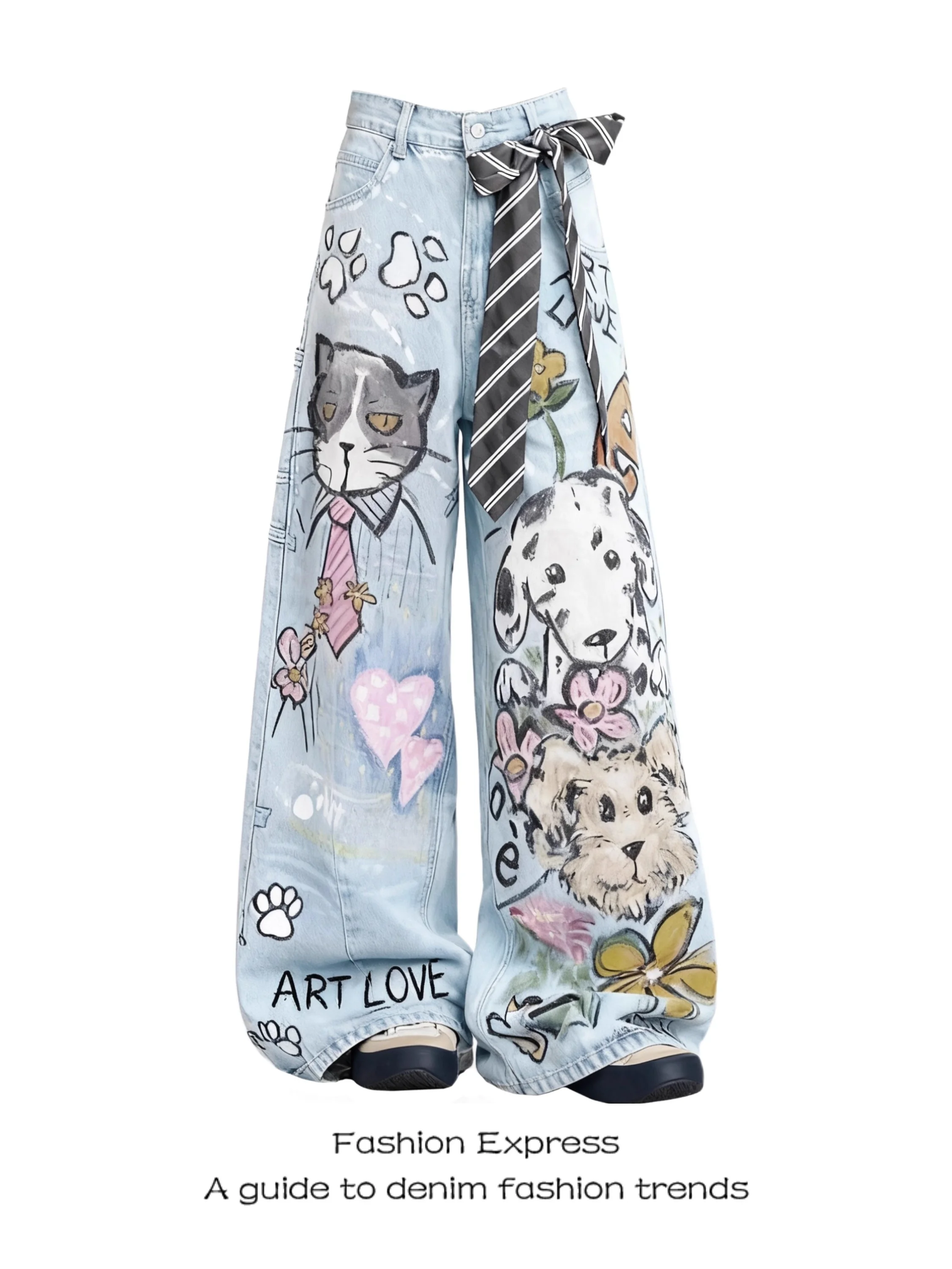 

Retro Dog Hand-Drawn Graffiti High Waist Loose Straight Leg Jeans Women's Spring Autumn New Style American Style Denim Pants