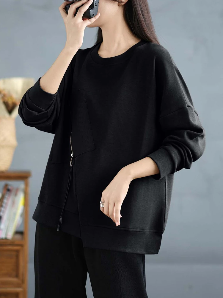 Women Clothing 2025 New Autumn Winter Office Lady O-Neck Irregular Patchwork Windbreakers Casual Loose Zipper Pocket Bottom Tops