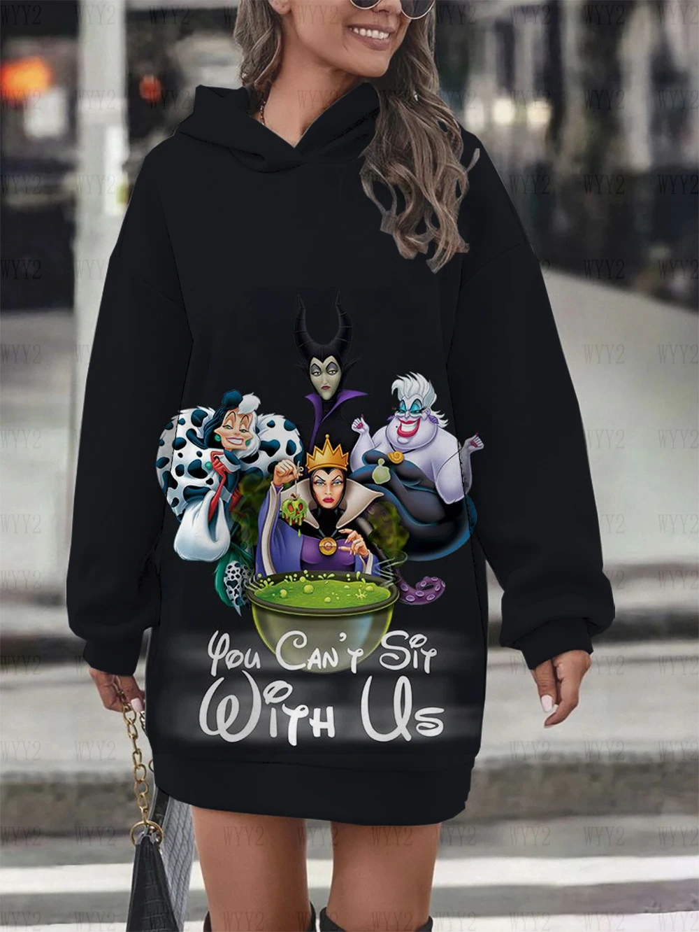 Ladies Hoodie Sweatshirt Dress Casual Cartoon Street Style Printed Round Neck Sweatshirt Dress Disney Sleeping Devil Pattern