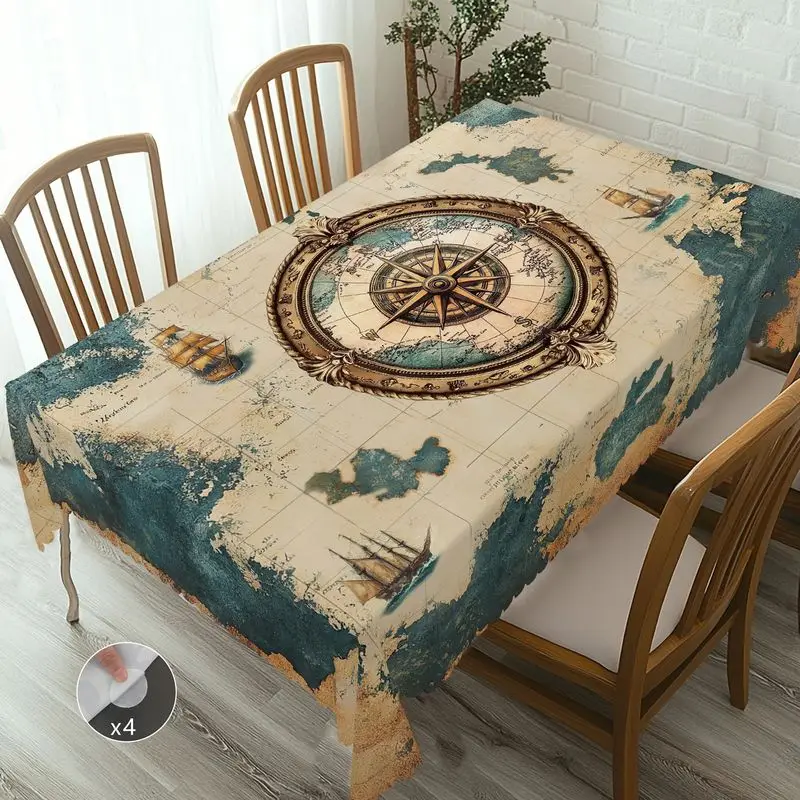 Nappe de table rectangulaire VIKAMA vintage, motif boussole et carte du monde nautique, bateau antique, imperméable, style rétro, pour salle à manger et cuisine