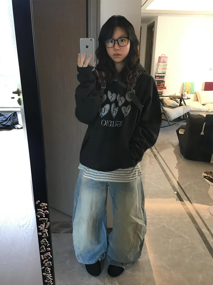 

Женская толстовка с капюшоном и принтом Love fiti, оверсайз, свободного кроя, осенне-зимняя, новая, американская, на флисовой подкладке