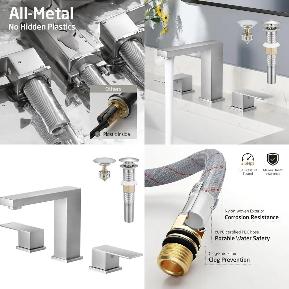 

3-Hole Brushed Nickel Bathroom Sink Faucet with Metal Drain, 8 Widespread, Vanity Faucet, cUPC Supply Line Included