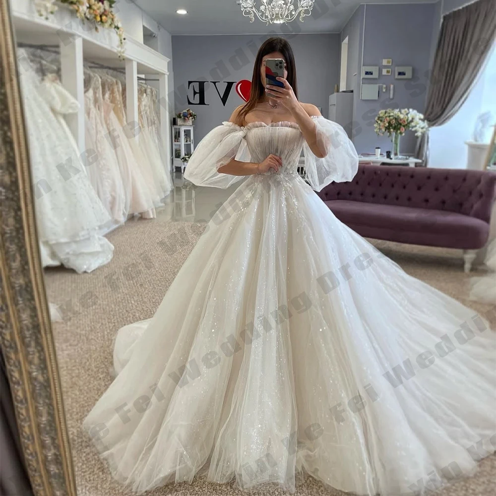 2026 Elegant Women's Bridal Gowns Tulle Sexy Off Shoulder Bubble Sleeves Princess Wedding Dresses vestidos de novias Customized