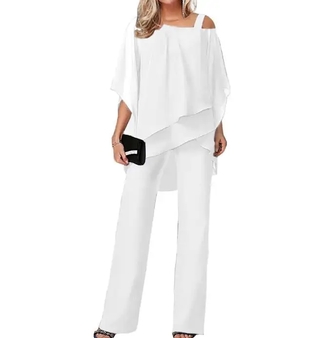 

Women's Two Piece Elegant Trendy Solid Color Asymmetrical Cold Shoulder Bell Three Quarter Sleeve Blouse and Straight Pants Set