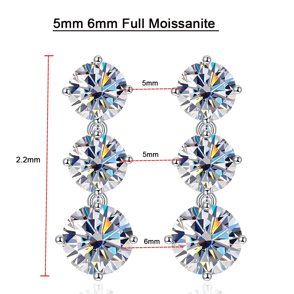 Serenity Day Real D Color 6 Stones 5mm 6mm Full Moissanite Tassel Stud Earrings For Women 100% S925 Sterling Silver Fine Jewelry