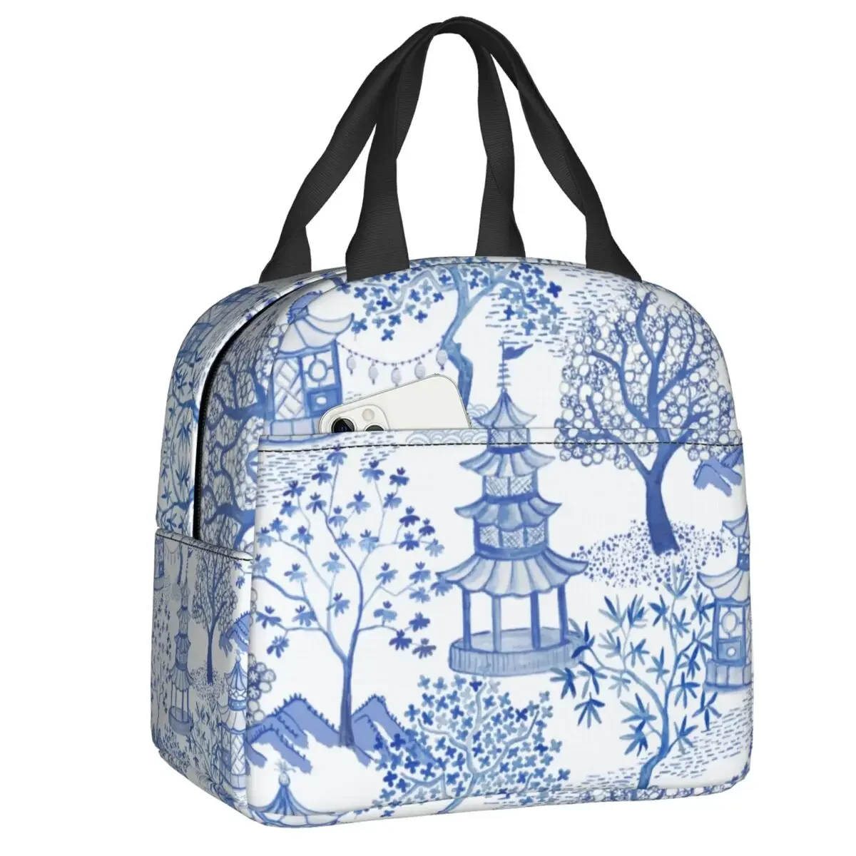 Pagoda Forest Insulated Lunch Bag for Women Blue Delft Vintage Chinoiserie Cooler Thermal Bento Box Kids School Children