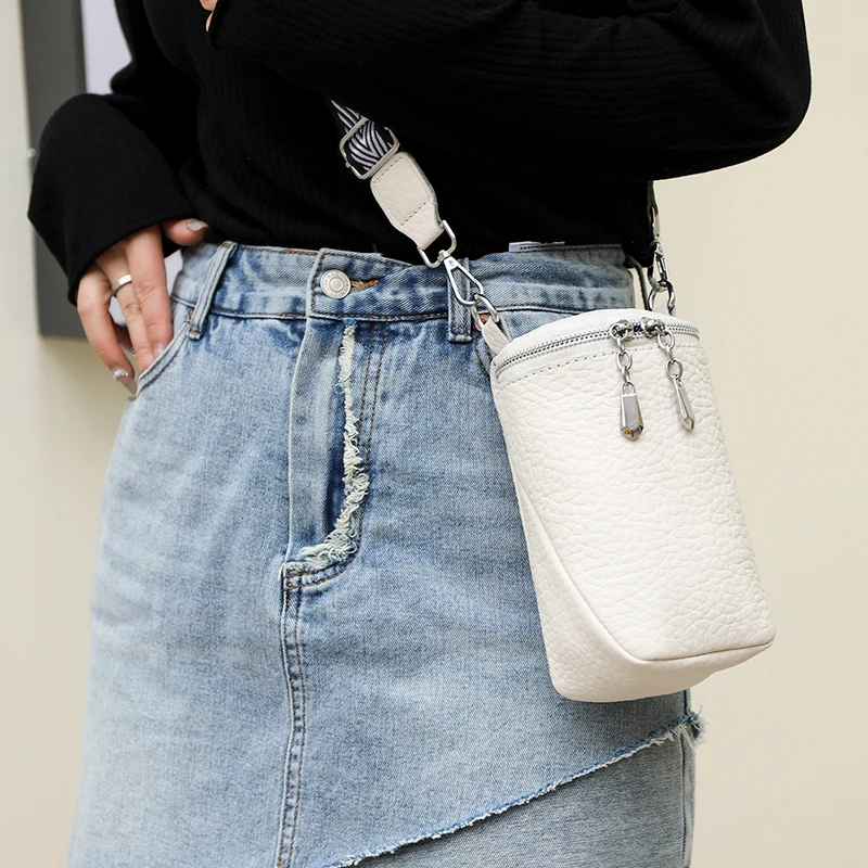 Fashion Wide Strap Shoulder Bag for Women Small Phone Bag Ladies Genuine Leather Crossbody Bags Female Soft Cowhide Wallet