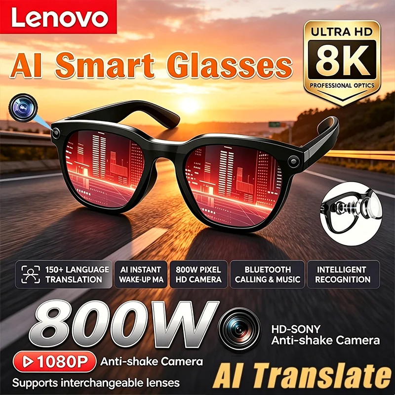레노버 2026 남성용 새로운 AI 스마트 안경 8MP HD 카메라 8K 이미지 촬영 AI 번역 블루투스 통화 녹음 음악 선글라스